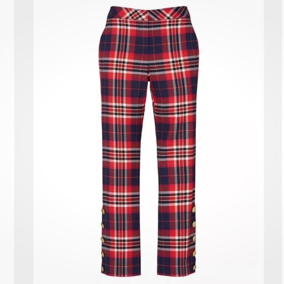 Trina Turk Mercury Pants Ankle Plaid Tartan Red Navy Size 8 Womens Holiday Xmas - Picture 2 of 11